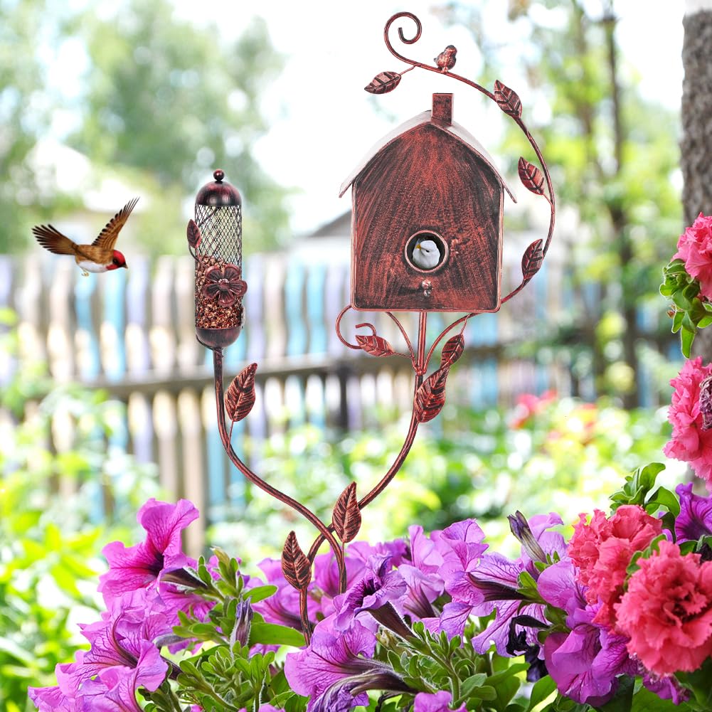 OUTSTAUES Metal Bird Houses for Outside with Pole, Squirrel-Proof Outdoor Bird House with Feeder for Patio Yard Garden Decorations, Copper