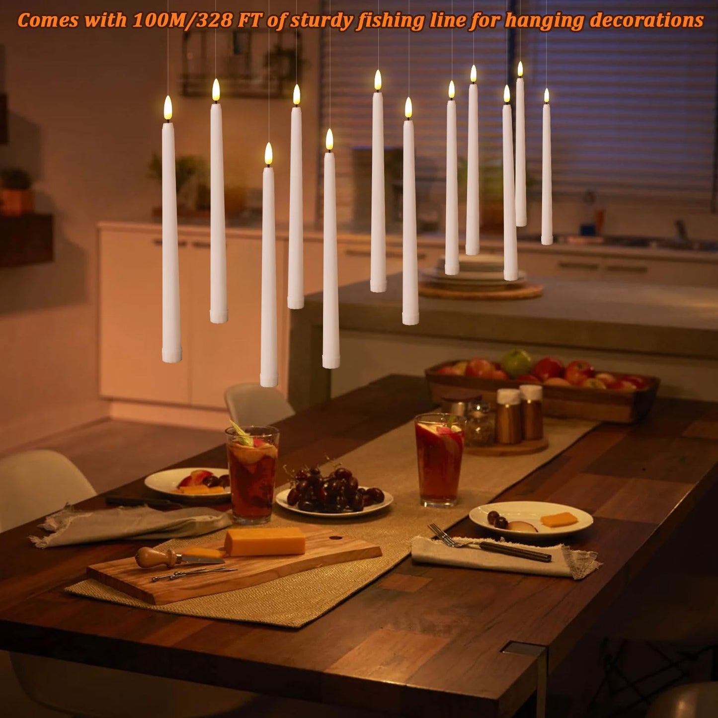 IMAGE Taper Candles, 12 Pcs Battery Operated 3D Wick Ivory Taper Flameless Candles with 10 Keys Remote and Timer, Flickering Flameless with 100M Fishing Line Warm White