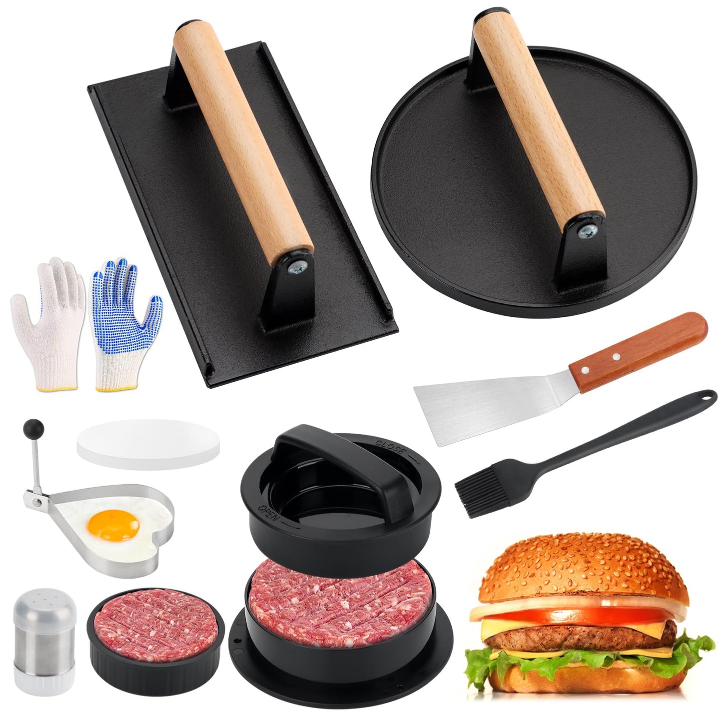 9PCS Smash Burger Press Kit - Burger Mold,50 Patty Papers,2PCS Cast Iron Burger Presses,Sauce Brushes,Grill Spatula,Spice Shaker,Egg Rings,Gloves - Non Stick Burger Press Set for Grill and Griddle