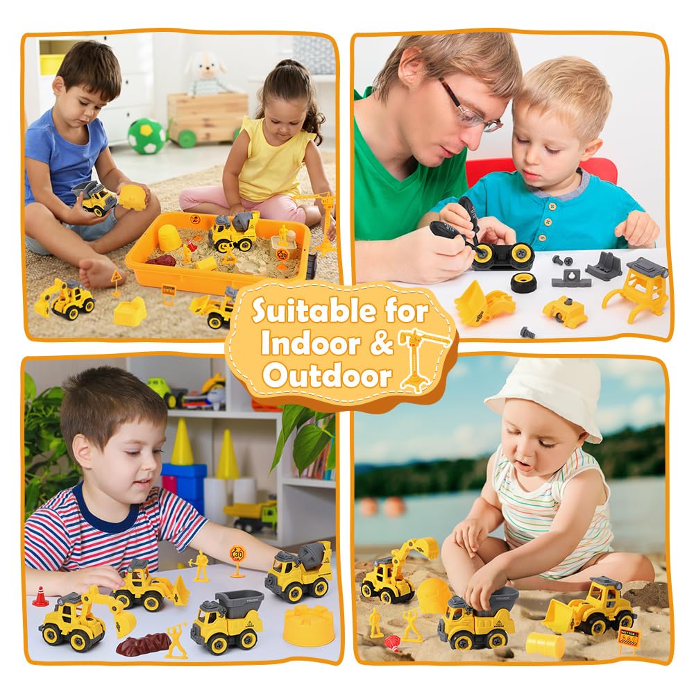 FRUSE Play Construction Sand Kit,Sand Box Toys Set w/1 KG Play Sand,4 Take Apart Construction Trucks,4 Castle Molds,Sandbox with Lid,Sensory Toys for Kisd Boys Girls Age 3-8