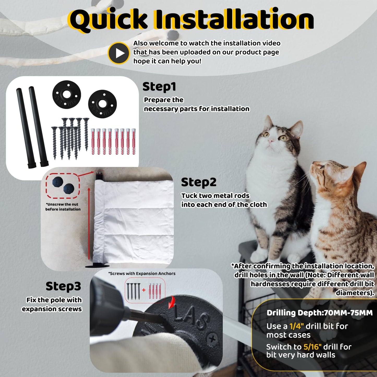 XIFOWE Cat Hammock Wall Mounted, 35.43 x 12.99 inch Wall Mounted Cat Shelves, Metal Brackets cat Beds for Sleeping, Playing, Climbing and Resting Stabilized Wall Furniture for Large Cats or Kitty