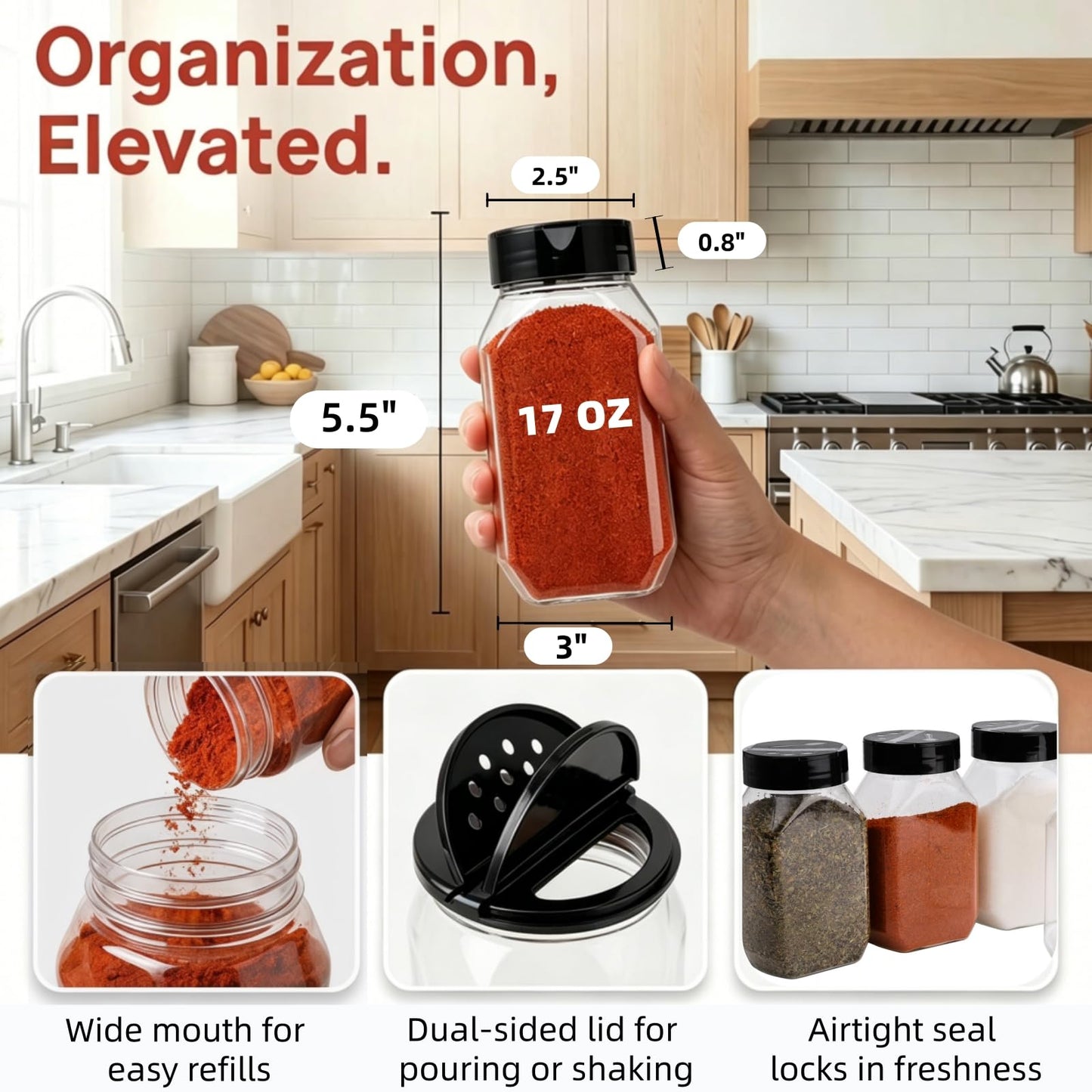 Dicunoy 16 Pack 500ml Plastic Spice Jars, 17 OZ Large Seasoning Containers with Shaker Lids, BPA Free Spice Jars Large, Reusable Empty Storage Spice Bottle for Kitchen Storing Spice, Powders