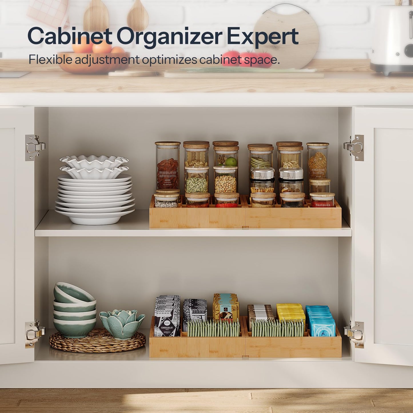 HO0BRO Large Silverware Organizer Kitchen Drawer Organizer, Magnetic Connected Expandable Utensil Organizer From 58 to 90 cm, Bamboo 16 Slots Cutlery Tray with Knife Holder, Natural YL07TL01