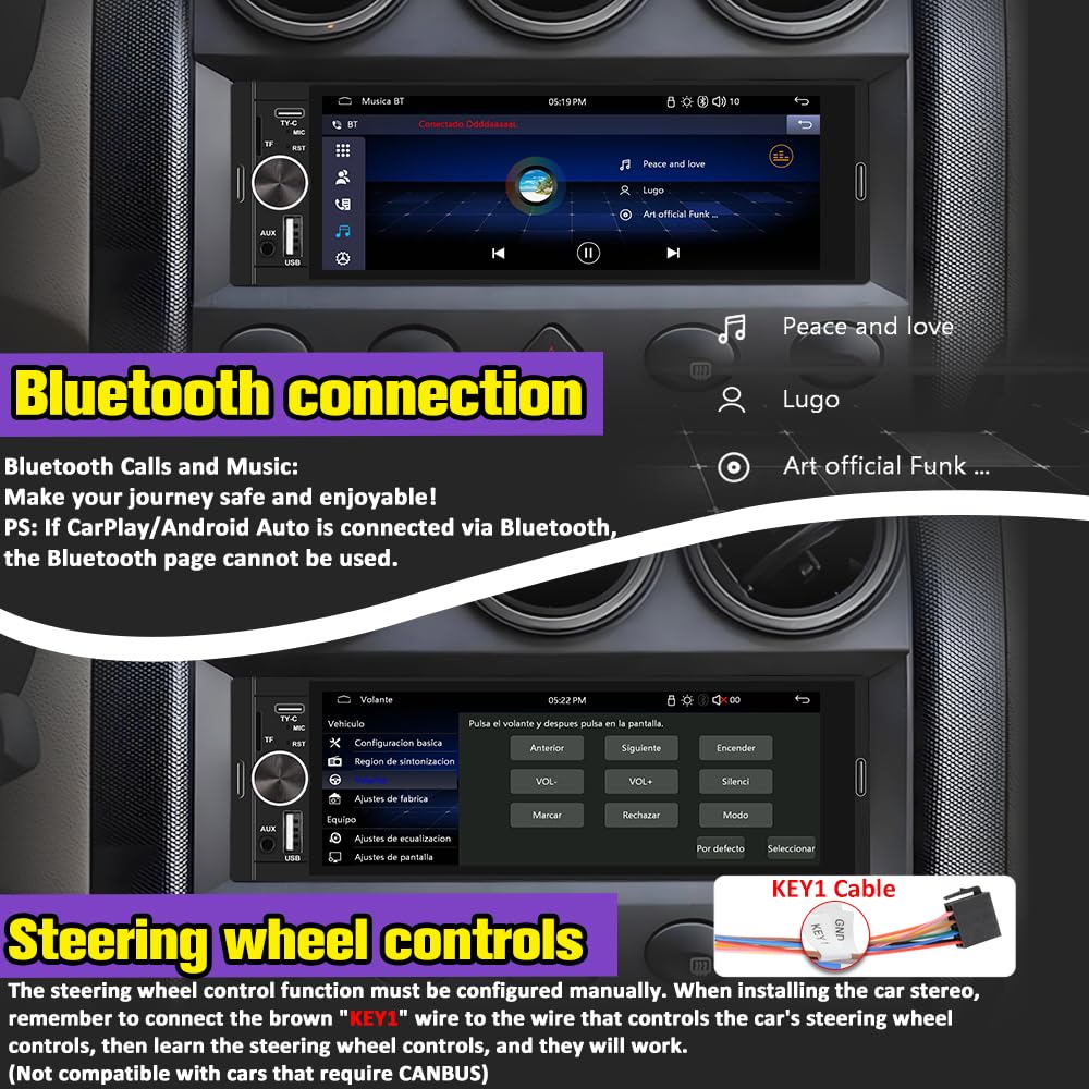 Pyniro Single Din Car Radio with 6.36" IPS Touchscreen, Wireless CarPlay & Android Auto, Backup Camera, Bluetooth, External Mic, USB/TF/FM Support