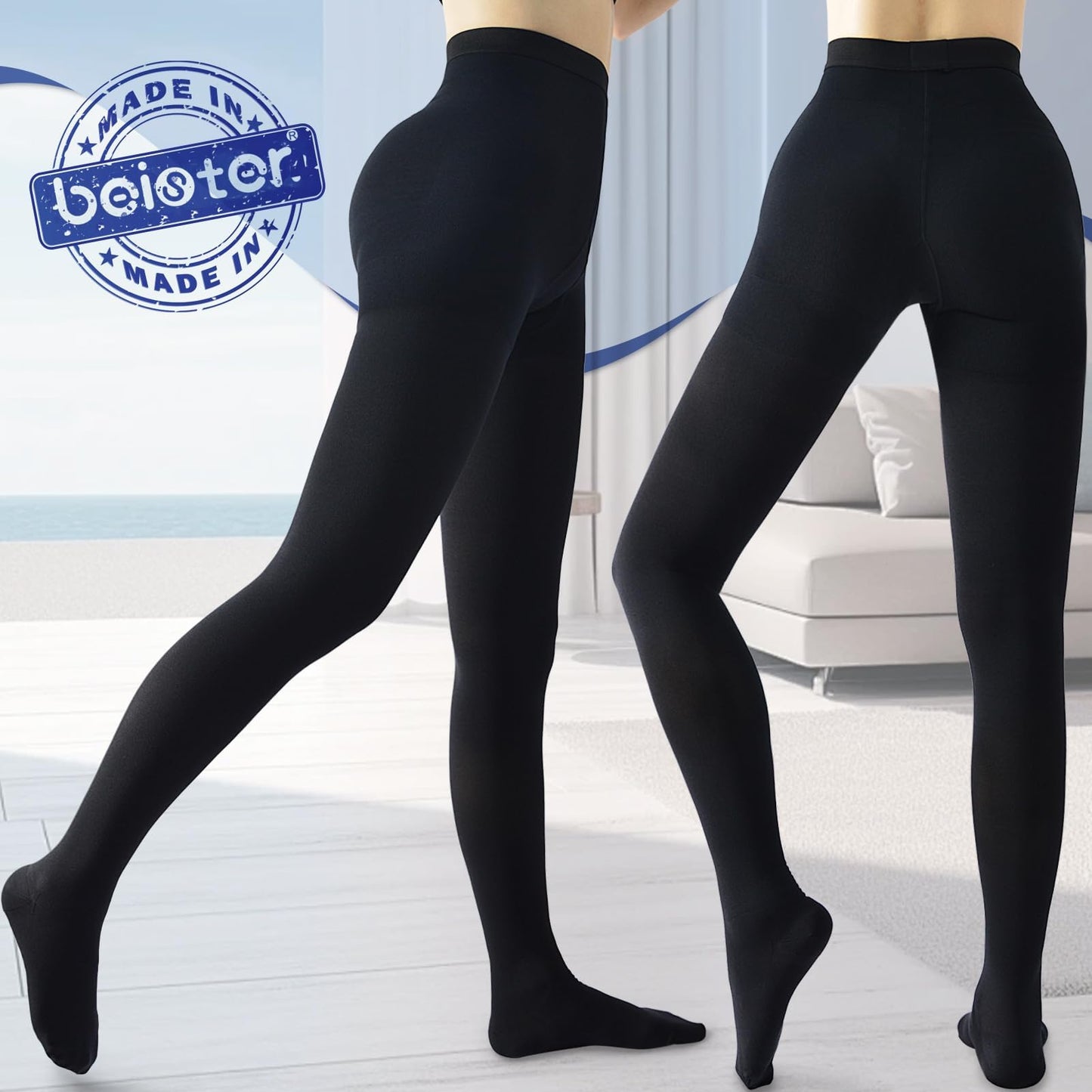 Beister Medical Compression Pantyhose for Women & Men, Opaque Closed Toe 20-30mmHg Graduated Support Tight, Waist High Compression Circulation Leggings for Varicose Veins, Edema, Flight, DVT