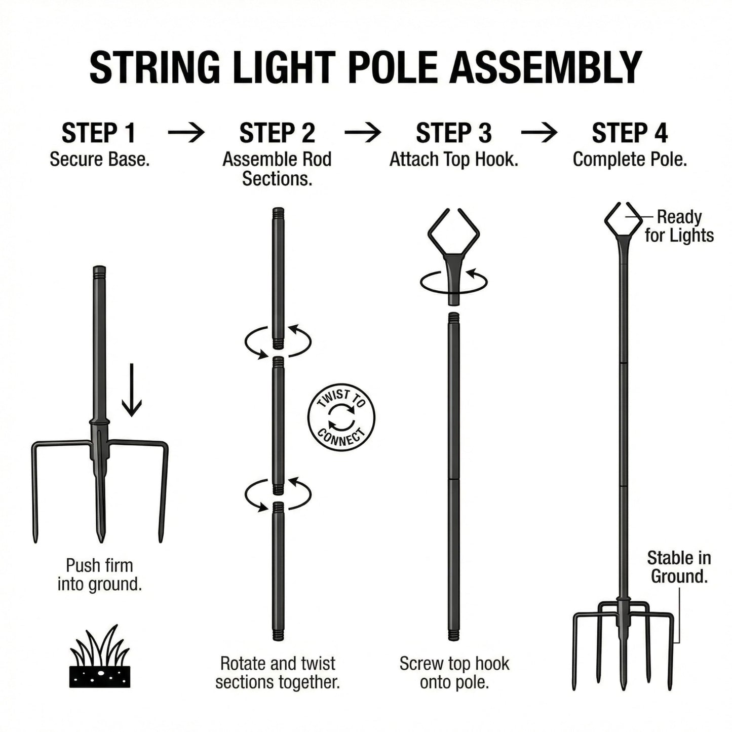 10FT String Light Poles 4 Pack, Outdoor Metal Light Stands with Fence Brackets for Hanging Lights, Patio, Pergola, Garden, Backyard, Yard & Camping Use