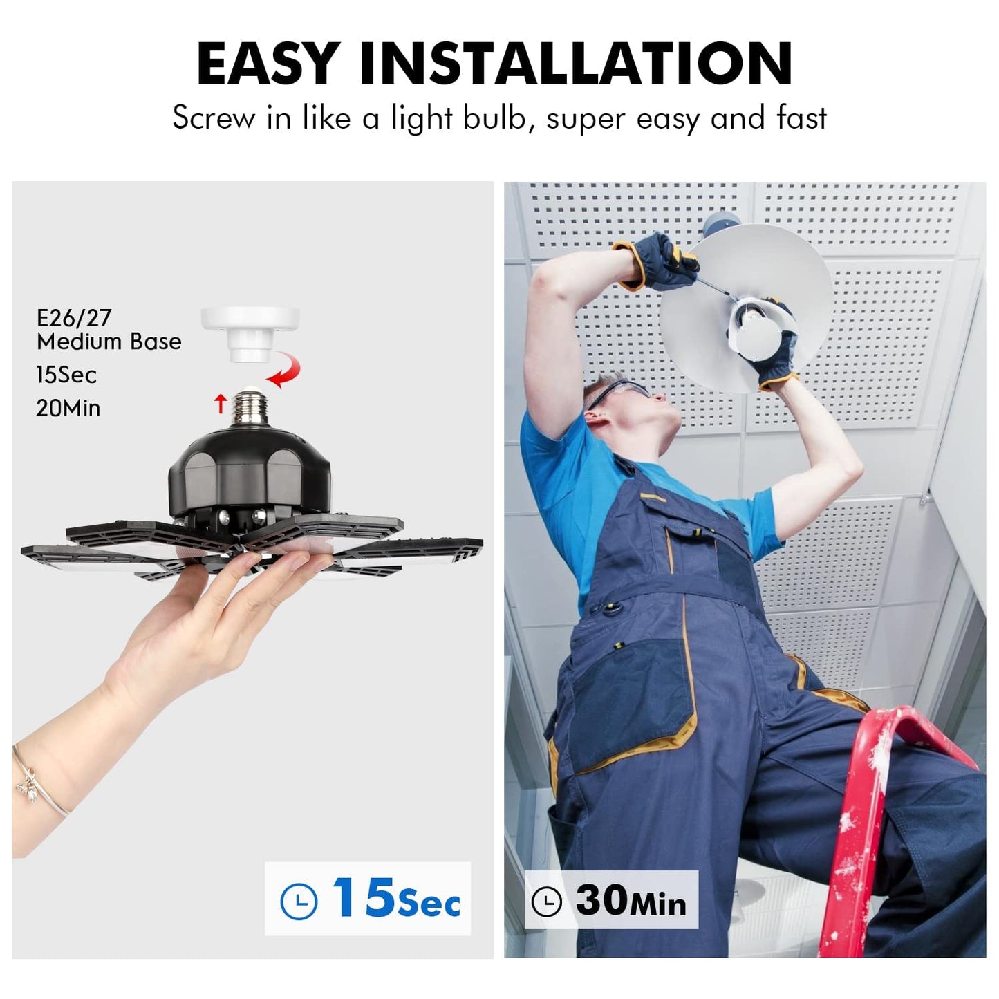 LED Garage Lights 2 Pack, Ceiling LED Shop Light 160W 16000LM 6500K Screw in Led Light with 5+1 Deformable Panels, Bright Led Lighting for Garage Workshop Basement Support E26/E27 Socket