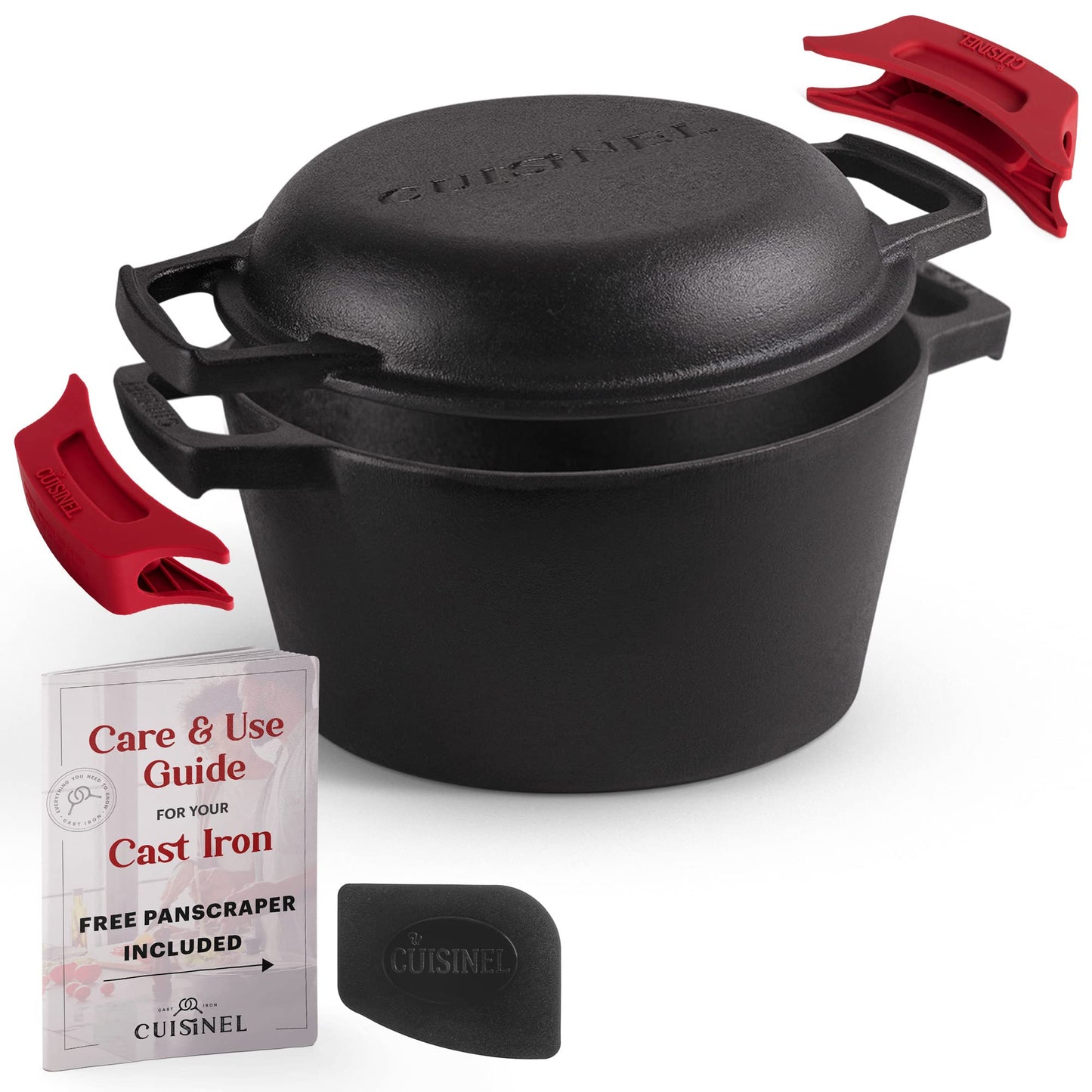 Cast Iron Dutch Oven - 3-Quart Deep Pot - Pre-Seasoned 2-in-1 Multi-Cooker - Combo Lid Doubles as 8"-inch Skillet Frying Pan + Silicone Handle Covers + Scraper/Cleaner - Great Set for Baking Bread