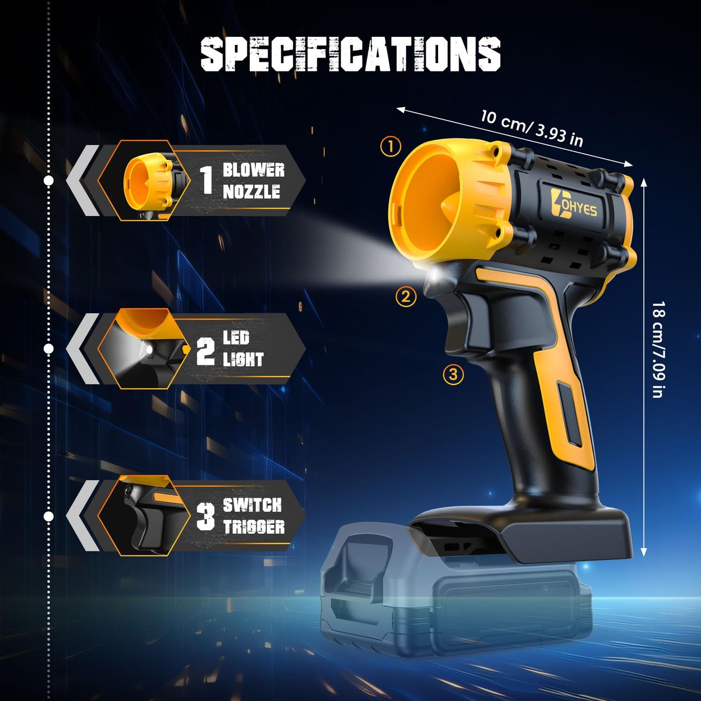 ohyes Air Duster 380W Brushless High-Speed Motor 100,000RPM Fit for DeWALT 20v Max Battery Variable Speed Turbo Jet Snow Blower for Camping & Workshop(Battery not Included)