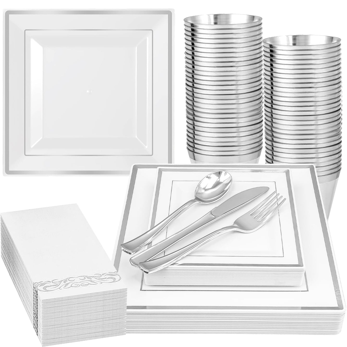 175 Pcs Silver Square Plate with Disposable Silverware, Silver Plastic Dinnerware Set for 25 Guests, Including 25Dinner Plates, 25Dessert Plates, 25Cups, 25Napkins, 25Cutlery Set