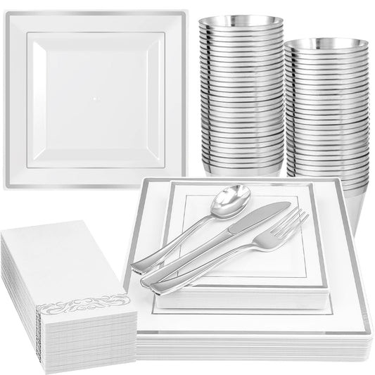 175 Pcs Silver Square Plate with Disposable Silverware, Silver Plastic Dinnerware Set for 25 Guests, Including 25Dinner Plates, 25Dessert Plates, 25Cups, 25Napkins, 25Cutlery Set