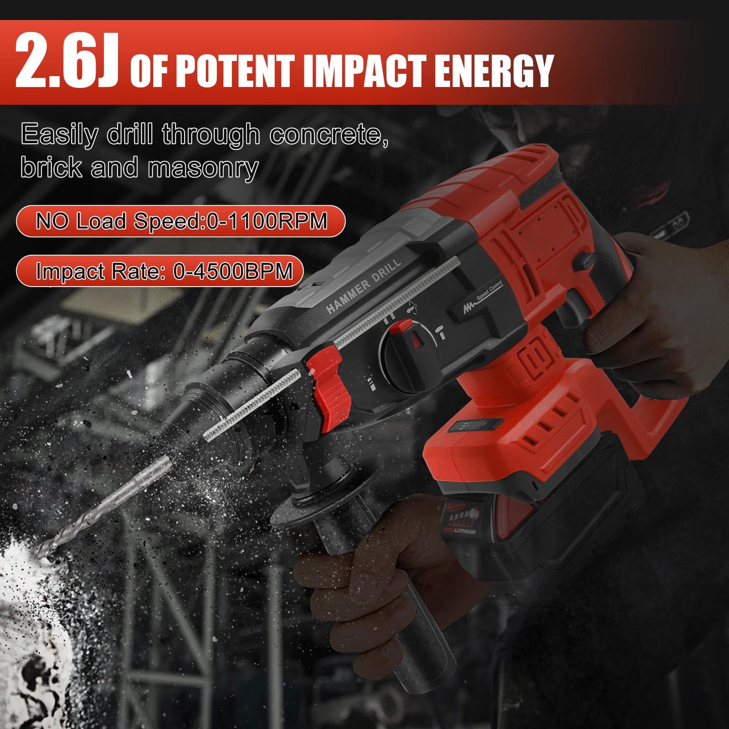 Cordless Rotary Hammer Drill Compatible with Milwaukee 18V Battery, Brushless SDS Plus 2.6 Joules Hammer Drill with 4 Modes and 5 Drills, 360°Auxiliary Handle (Battery not Included)