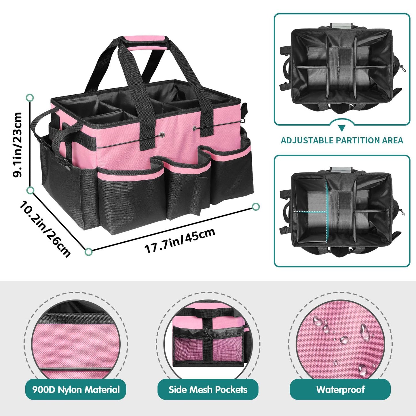 BOHEMIABY Cleaning Bags for Housekeepers, Large Cleaning Supplies Organizer with Handles & Shoulder Strap, Cleaning Caddy Bag with Foldable Divider for Cleaners, Car Horse Clean Bag (Pink)
