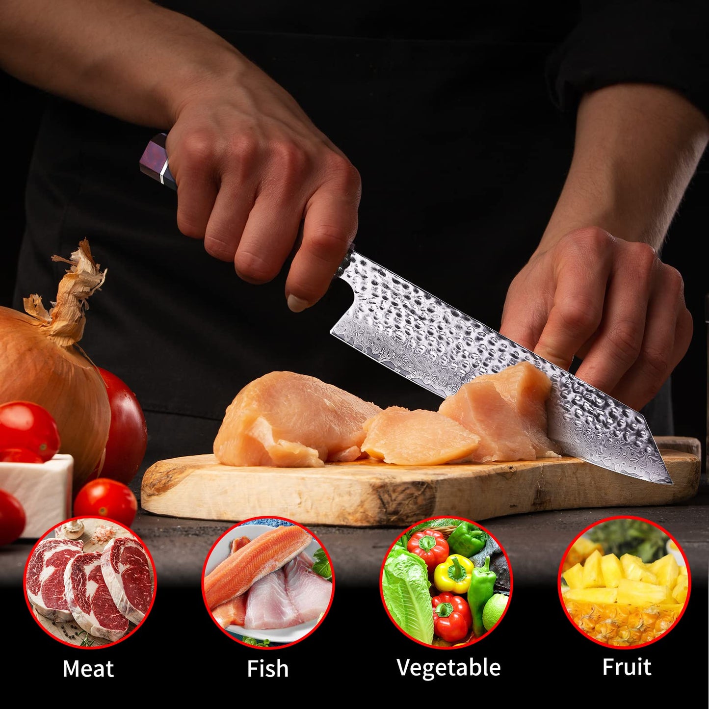 FINDKING Eternity Series Japanese Kiritsuke Knife with ABS Sheath, Multi-Purpose Gyuto Chef Knife, 9Cr18MoV Damascus Steel Blade, Resin Octagonal Handle, for Meat, Fruits, Vegetables,9 Inches/22CM