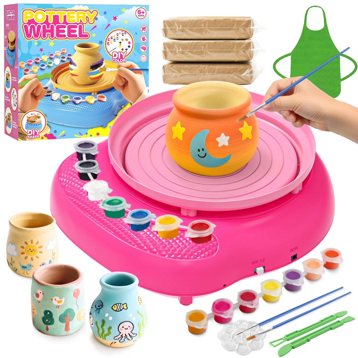 Pottery Wheel for Kids– Complete DIY Pottery Painting Kit for Ages 8-12 Beginners with 4 Air-Dry Clay Packs and Tools, Arts & Crafts Supplies Toys Birthday Gift for Boys Girls 6+ Years Old (Pink)