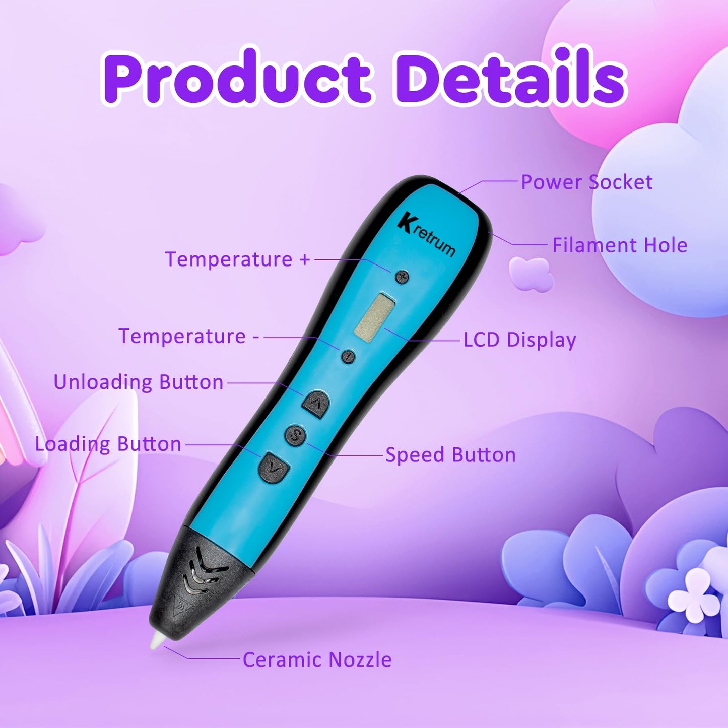 Kretrum 3D Pen | 3D Printing Pen with LCD Display | 3D Painting Pen with 1.75mm PLA Filament, Fingerstall, Pen Holder, Stencil Book, Charger | Best Gift Crayon 3D Stylo 3D Blue