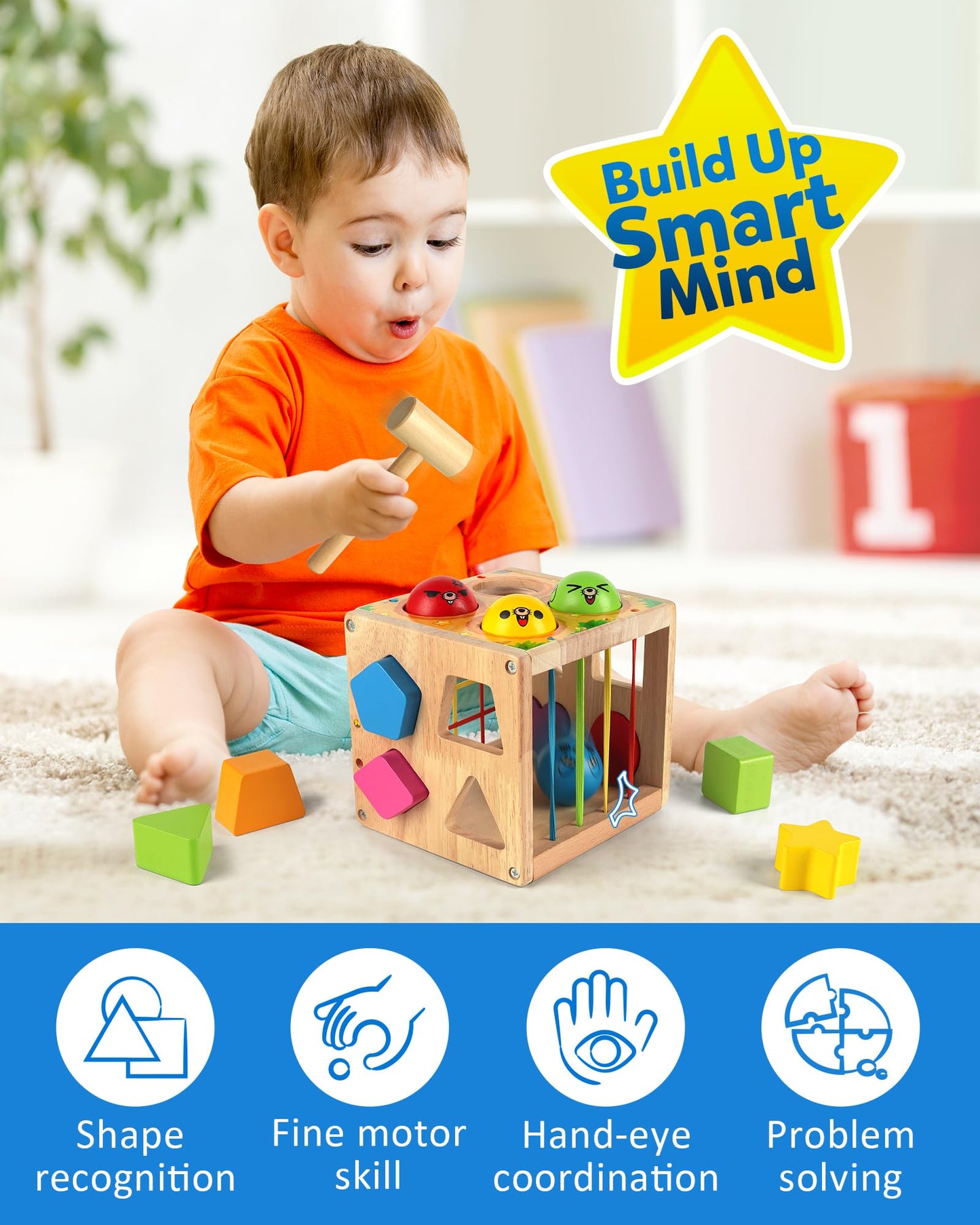 Coogam Wooden Montessori Toys for Toddlers, Shape Sorting Cube Whack Mole Fine Motor Skills Game for Boys Girls Gift