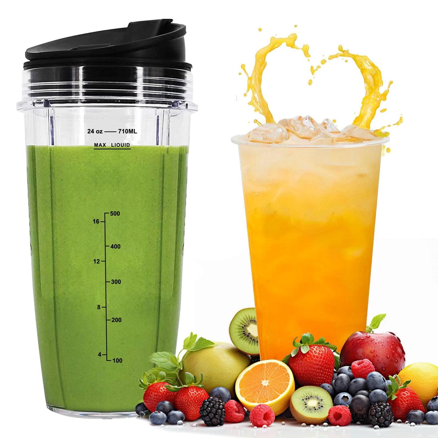 24oz Nutri Ninja Auto IQ Series Blender Cup Replacement - 7 Fins Blade Base & 2 Unbreakable Lids, Compatible with Ninja Auto iQ BL480-30 BL451-30 BL640-30 BN750 CT640C, BPA-Free Tritan