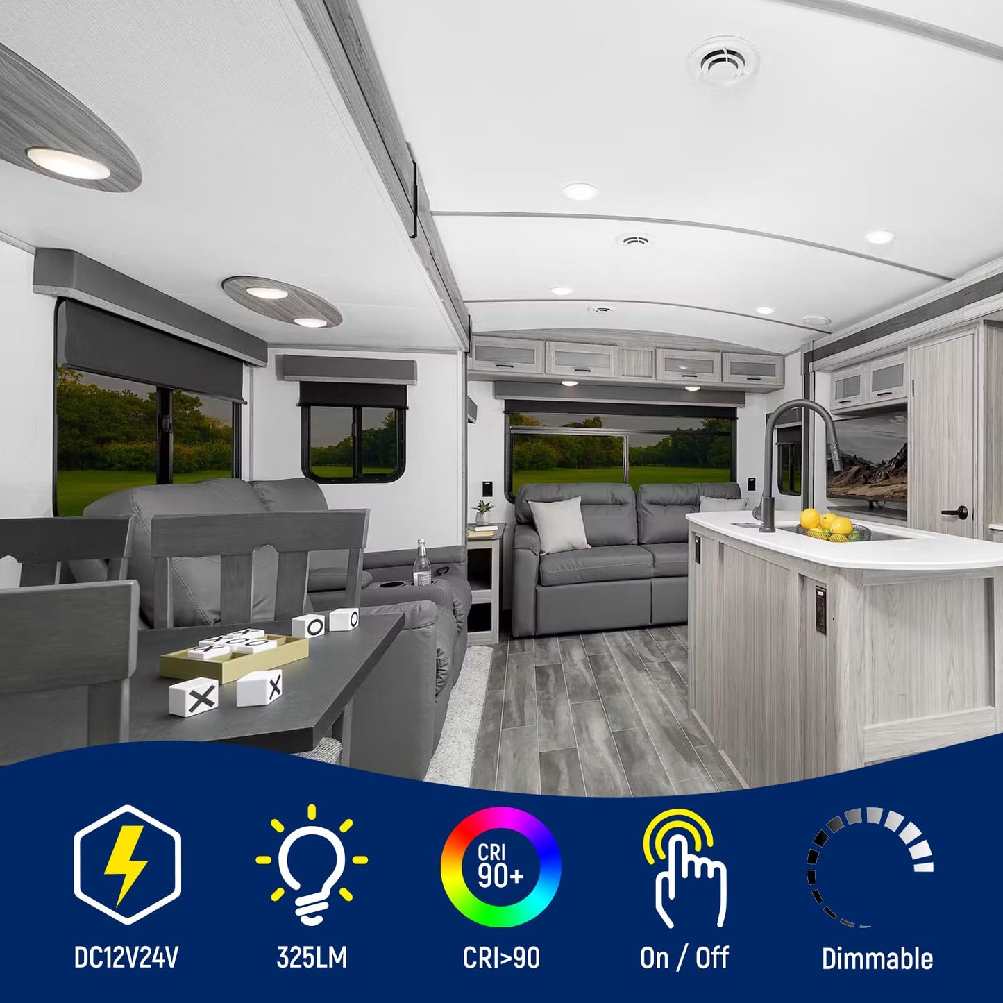 Obeaming RV LED Ceiling Dome Light 12V Dimmable Puck Light for Motorhome Camper Trailer Fifth Wheel Truck Coach Interior Lighting, Surface Mount CRI 90+ (3000K with Blue Light, 2-Pack)