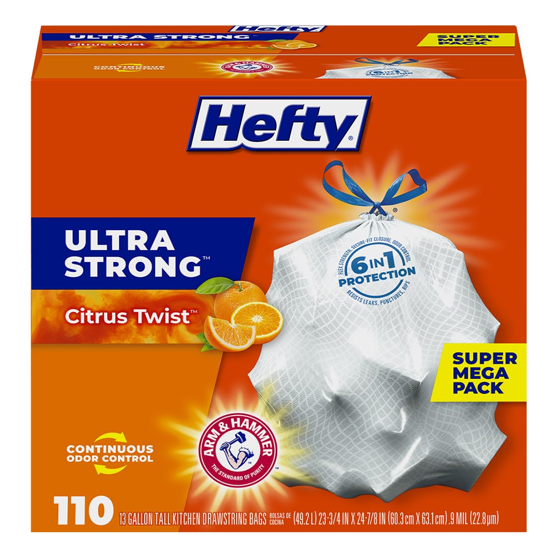 Hefty Ultra Strong tall Kitchen Trash Bags, Citrus Twist, 13 gallon, 110Count