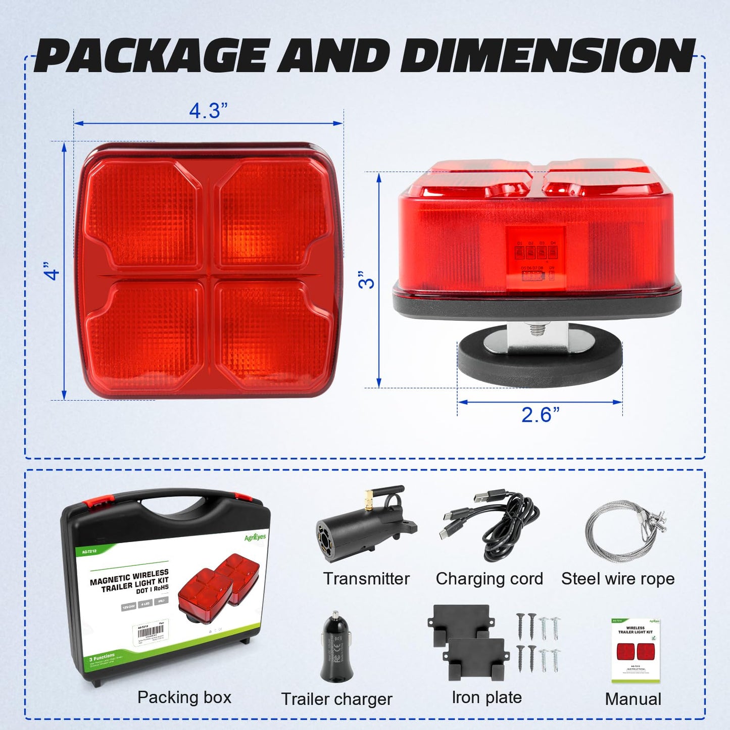 AgriEyes 2PCS Wireless Trailer Light Kit for Towing, Rechargeable LED Tow Lights Kit with Super Magnetic,7 Pin Plug, 2.4G Wireless for Boat Trailer, Jet Ski Boats, Caravan camper, RV