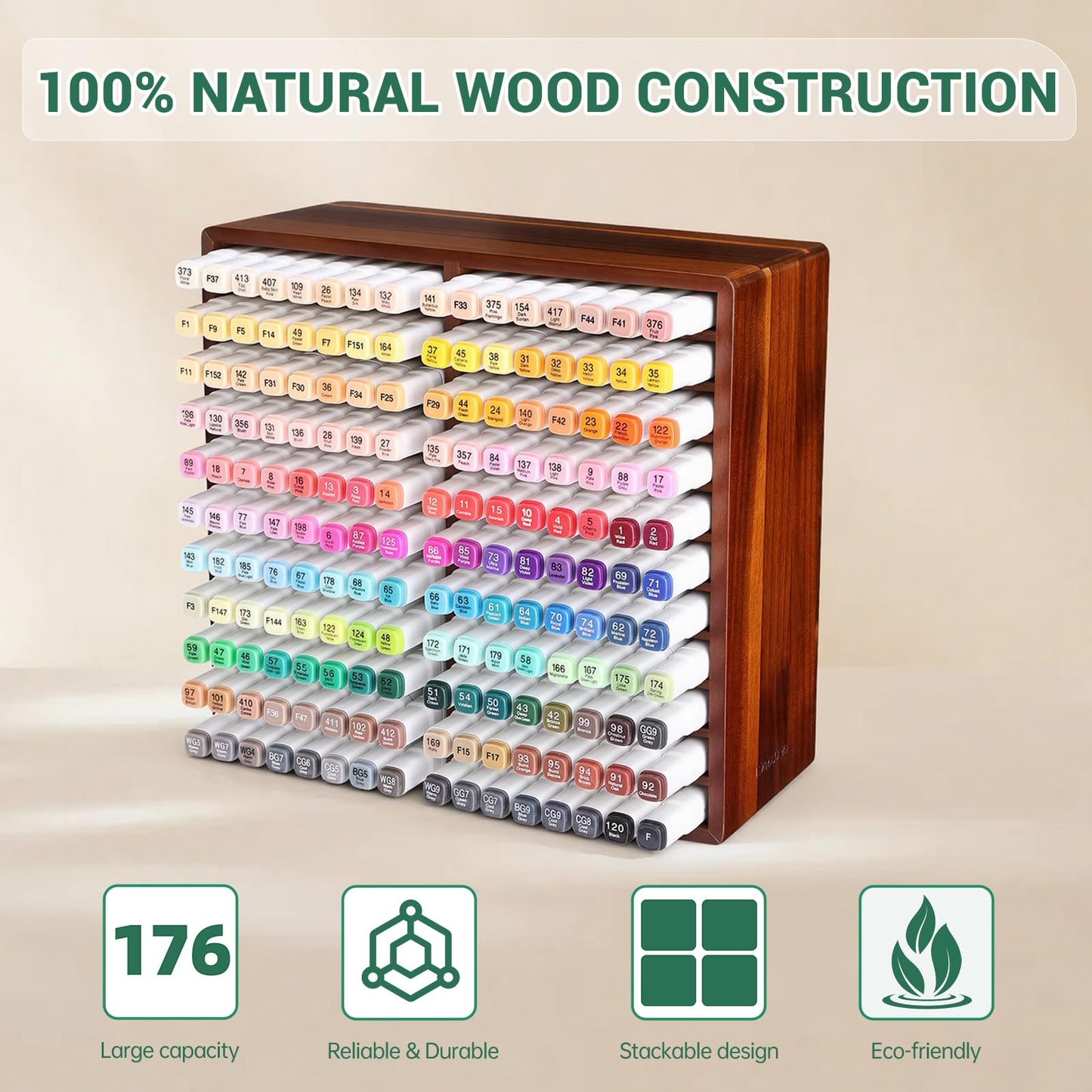 Wooden Organizer Holds 176 Markers, No Assembly – Marker/Alcohol Marker Storage, Wooden Desk Organizer/Holder, Rangement Crayon Alcool for Artists, Kids, Home Ofifce Mothers' Day Birthday Gift