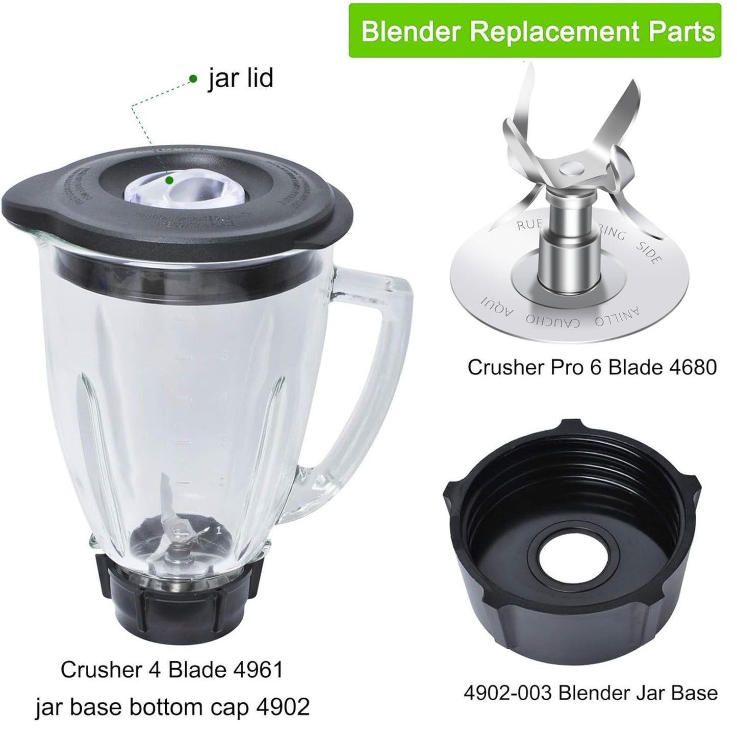 Replacement Parts Compatible with Oster Blender, 6 Cup Glass Blender Replacement Jar with Lid, 4961 4-Point Ice Blade, 4902 Bottom Cap and Rubber Gasket Compatible with Oster & Osterizer