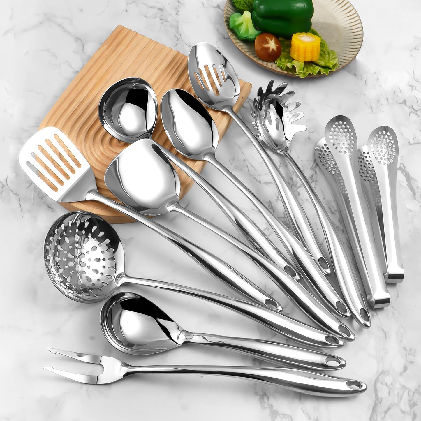 304 Stainless Steel Kitchen Utensils Set, 11 Pcs Long Metal Cooking Utensil Gadgets Tools Set with Spatula, Spoon, Ladle, Skimmer, Turner, Pasta Server, Tongs(Mirror Polished, Dishwasher Safe)