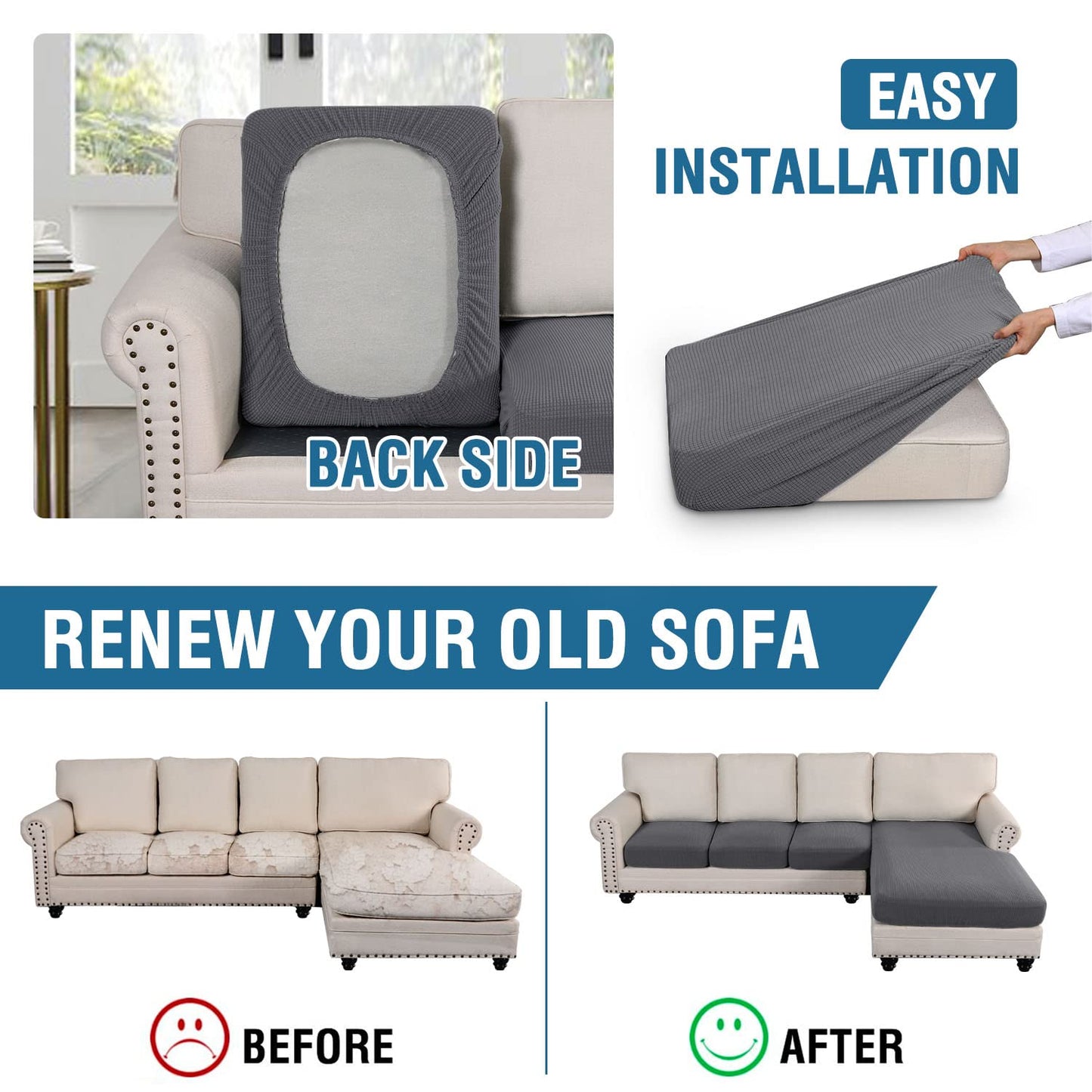 H.VERSAILTEX Sectional Couch Covers 4 Pieces Sofa Seat Cushion Covers L Shape Separate Cushion Couch Chaise Cover for Both Left/Right Sectional Couch (Seat Only: 1 Chaise + 3 Sofa, Grey)