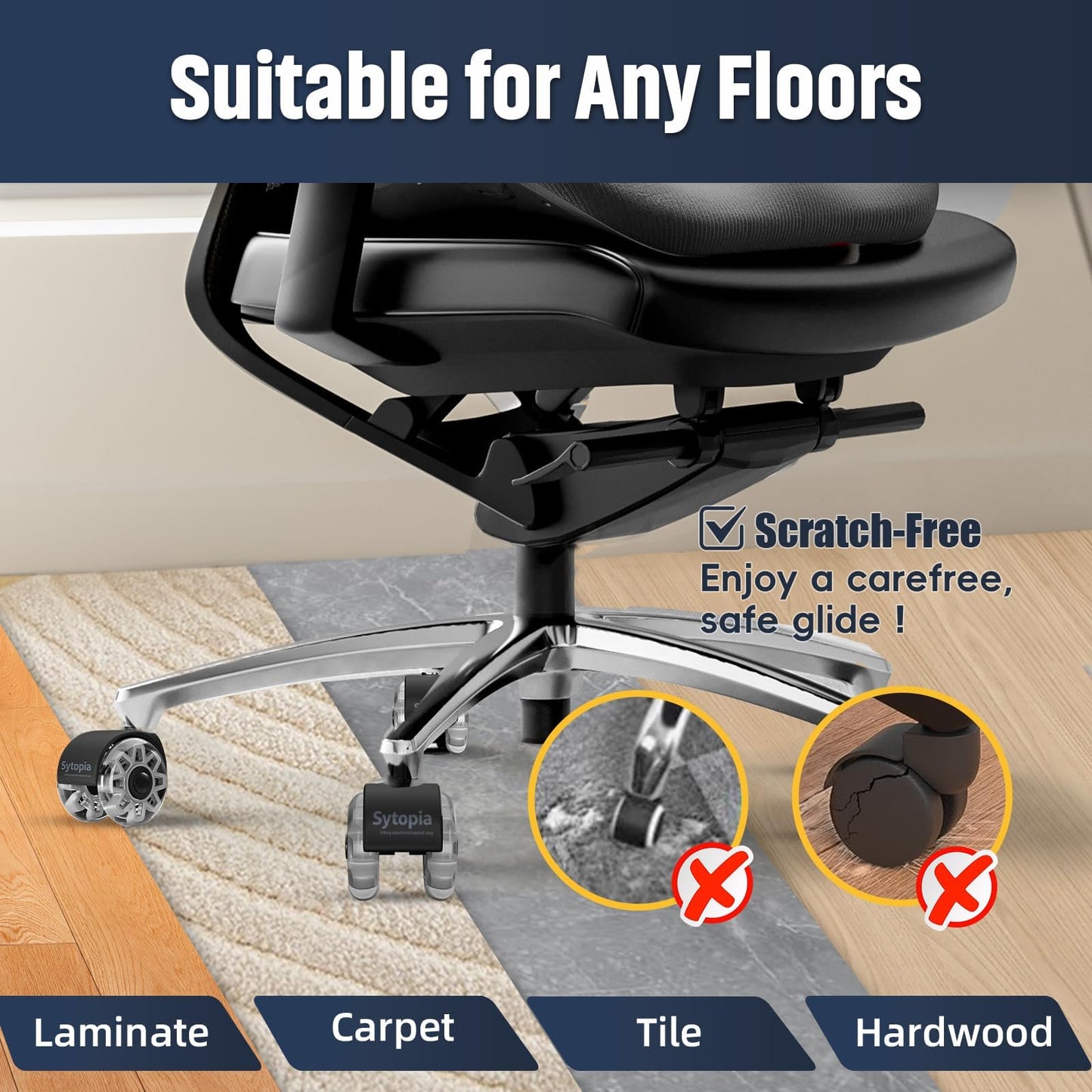 Office Chair Caster Wheels Replacement, 2.5 Inch Rubber Chair Wheels, Heavy Duty, Smooth Rolling, Quiet for Carpet and Hardwood Floors, Universal Fit 11x22mm, Not Compatible with 1KEA, Set of 5 Grey