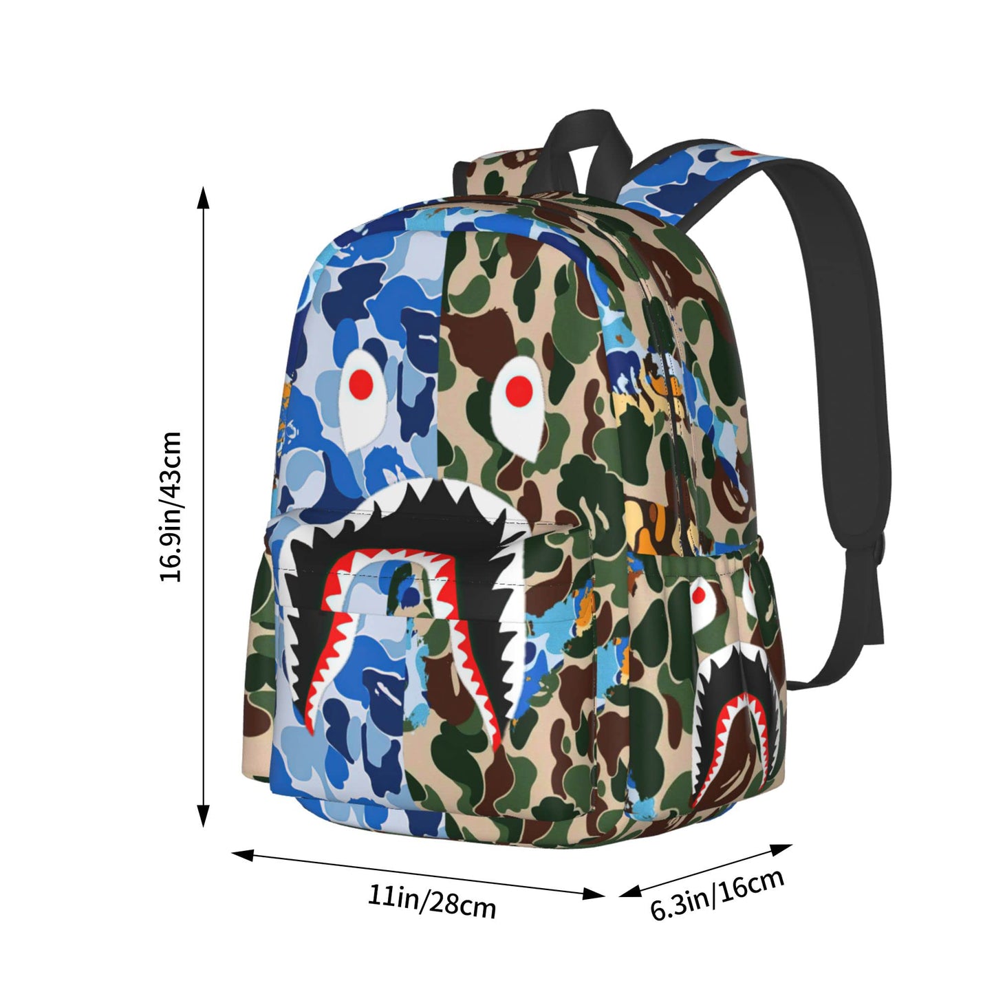 Vkaxopt Backpack Shark Teeth Camo Backpacks Travel Laptop Daypack Big Capacity Bookbag Fashion Durable for Men and Women, Blue Shark Camo, One Size, Fashion