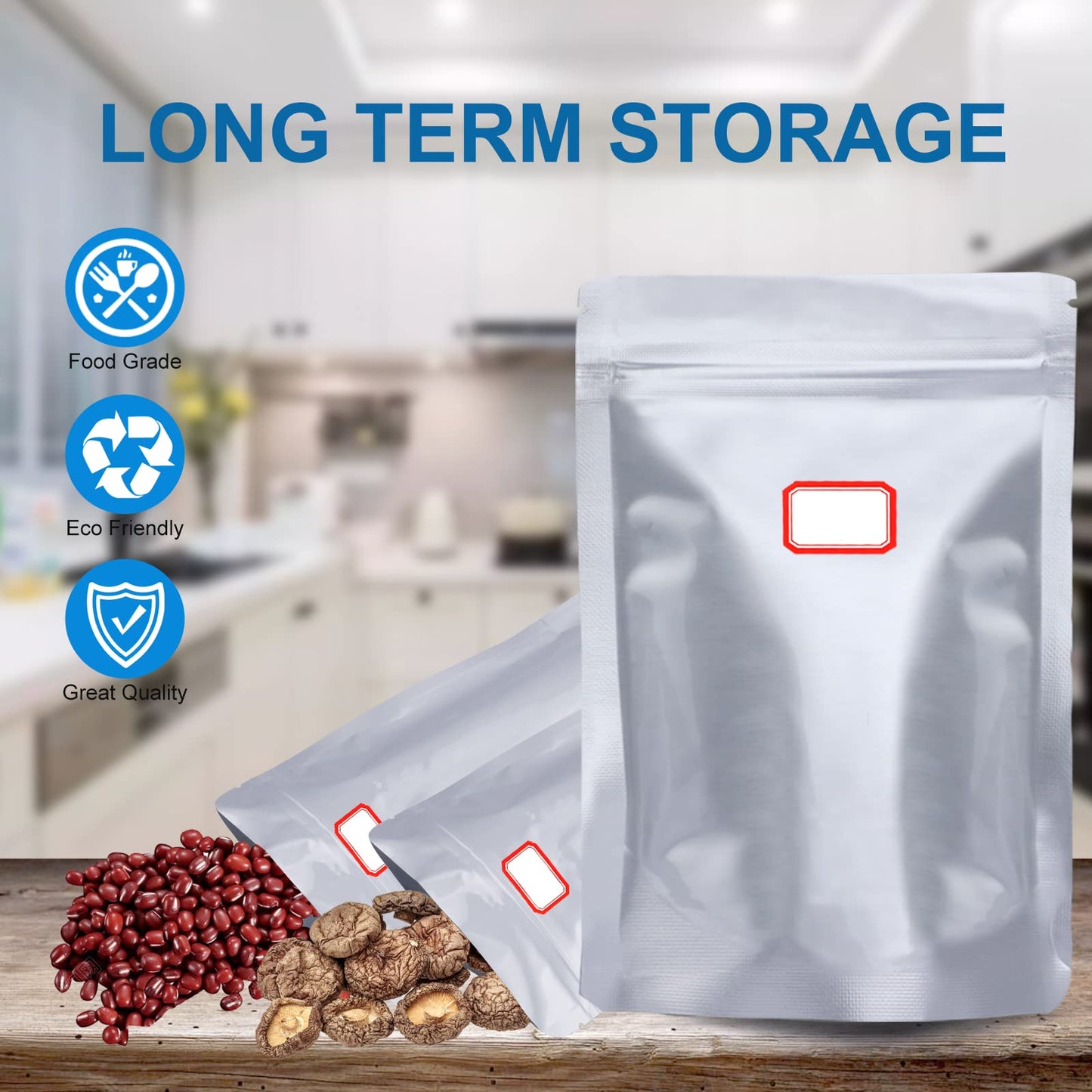100 Pcs 1 Qt Mylar Resealable Bags for Food Storage, With 100 Pcs 200cc Oxygen Absorbers & 120 Labels, Aluminum Foil Long Term Fresh Bags