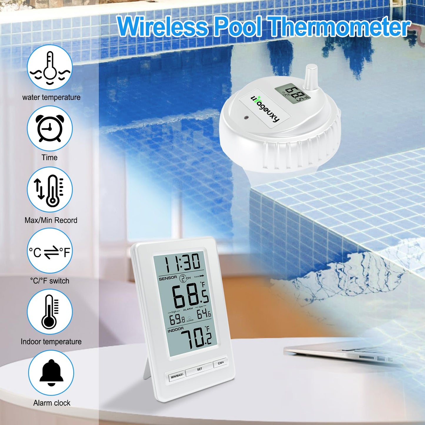 Urageuxy Swimming Pool Thermometer, Easy Read Floating Wireless Digital Water Thermometer, IPX8 Waterproof for Hot Tub/Ice Bath/Pond/Pools/Cold Diving/S