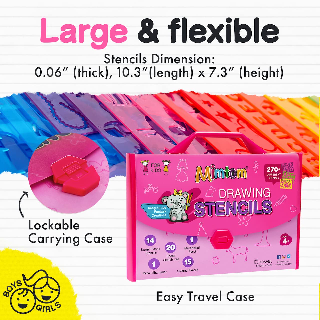 Mimtom Drawing Stencils Set for Kids and Girls | 51 PC Arts and Crafts Stencil Kit with Over 270 Shapes to Unleash Your Child's Creative Mind | Kid-Safe Educational Activity Toy for Ages 4 & Up