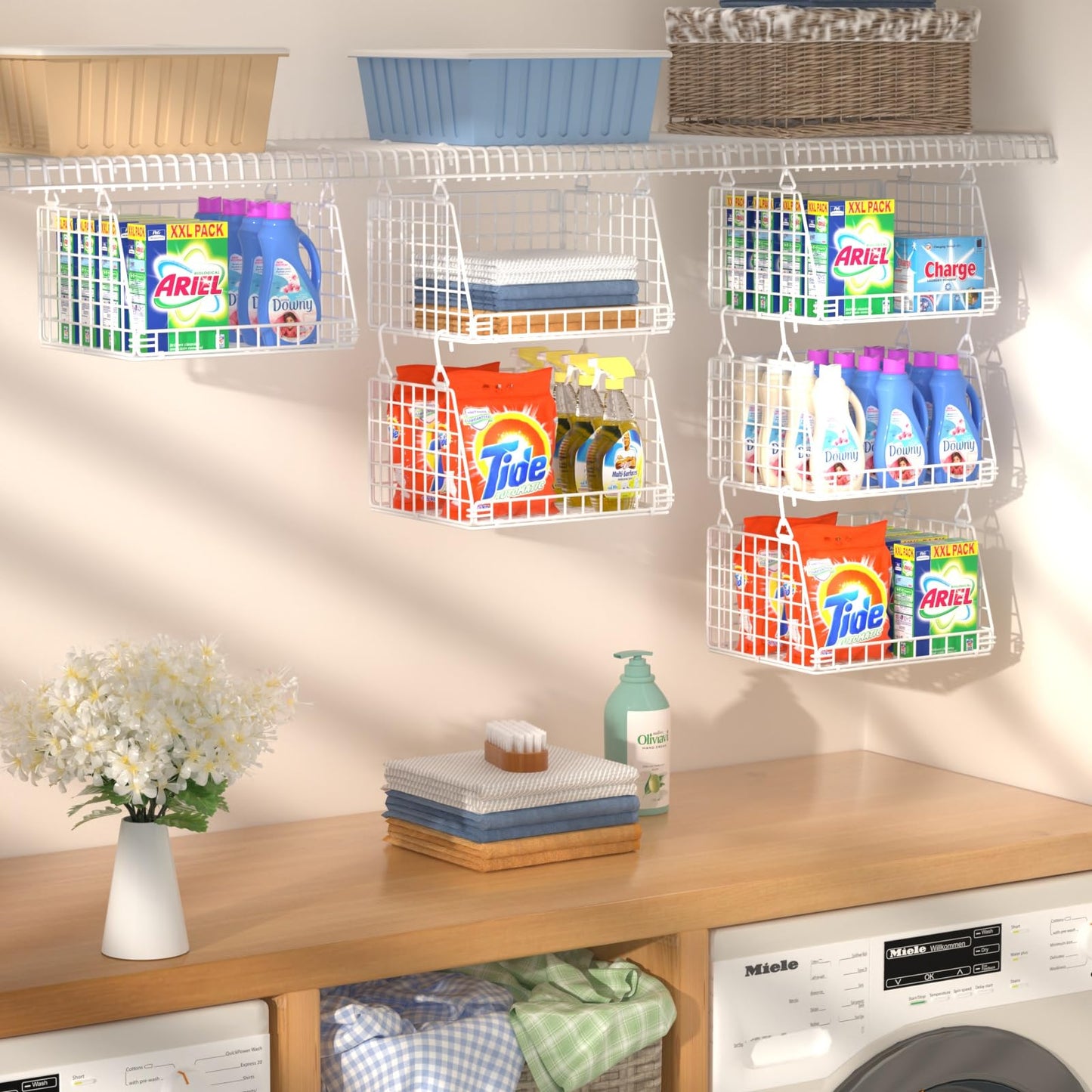 PUPPYCUTE Laundry Room Organization and Storage, Hanging Wire Basket with 360°Rotating Hooks, Over Washer and Dryer Shelves, Laundry Organizers and Storage Basket 3 Pcs, white
