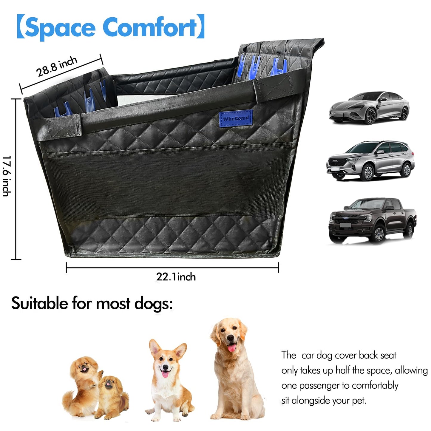 WheComd Dog Car Seat for Back Seat Half – Waterproof Hammock Style Cover for Medium to Large Dogs, Non-Slip, Hard Bottom, Mesh Window & Pocket – Fits Cars, SUVs, and Trucks (Black-L)