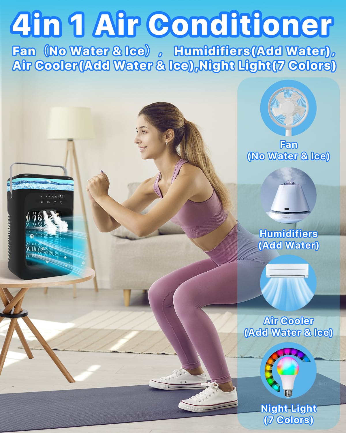 Portable Air Conditioner, 4-in-1 Evaporative Air Cooler, Personal Cooling Fan with 3 Speeds, 2 Mist Modes, 7 LED Night Light, 2-4H Timer