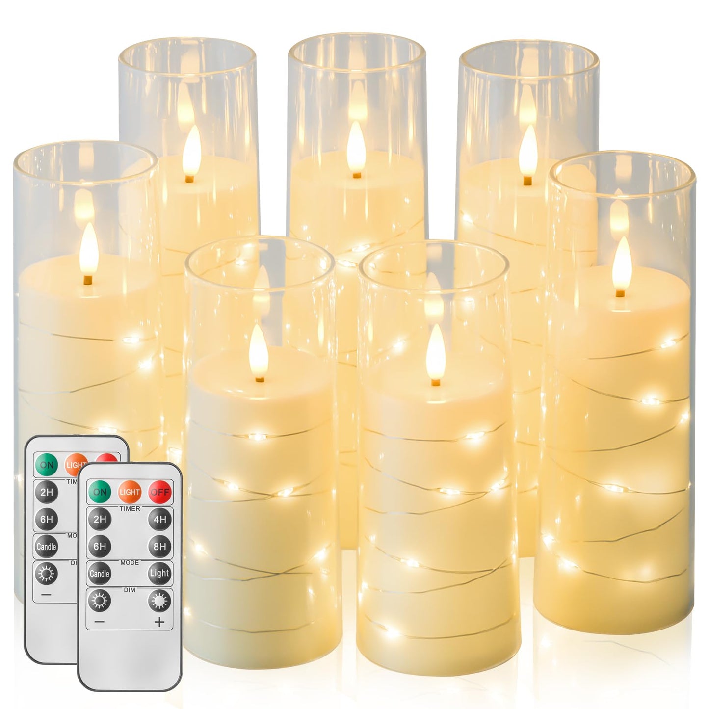 Liomus Flickering Flameless Candles, LED Pillar Canldes with String Light,Battery Operated Remote Control Timer Flameless Candles for Wedding Christmas Home Decor Set of 7 (D2.3in*H5 6 7in) (Ivory)