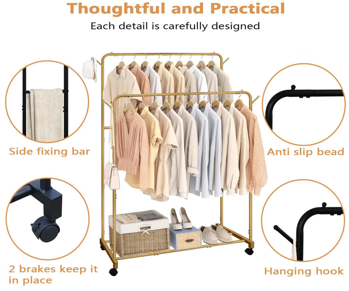 AT-VALY Double Rods Clothes Rack, Sturdy Metal Garment Rack with Wheels, Portable Wardrobe Rack with Bottom Shelf & Side Hooks, Heavy Duty Coat Hanger Stand for Bedroom, Laundry, Living Room,Gold