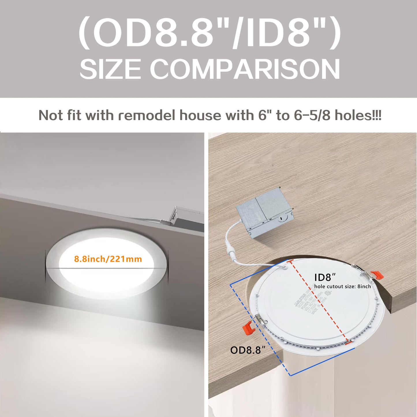 JARLSTAR 8 Inch LED Recessed Light with Junction Box, 6 Pack Ultra Thin LED Recessed Lighting.6000K Daylight,No Dimmable,18W 8" Recessed Ceiling Canless Wafer Downlight.Slim Can-Killer Lights,CRI80+