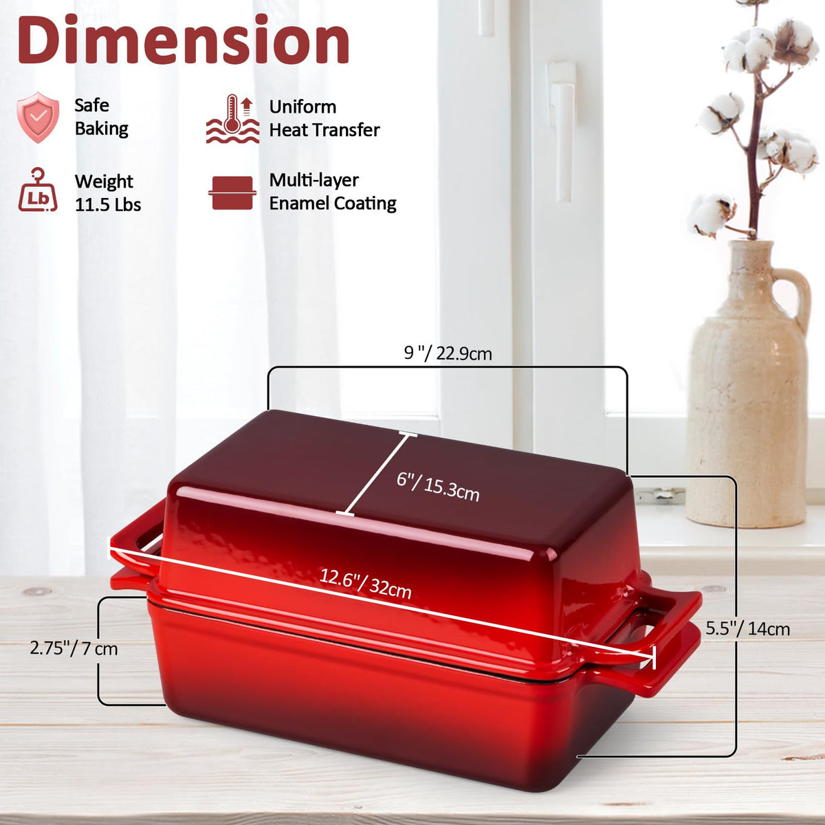Leonyo 9x5 inch Enameled Cast Iron Loaf Pan, 2 Piece Homemade Sourdough Bread Loaf Pan with Lid, 2-in-1 Dutch Oven for Bread Baking, Pound Cake, Even Heat Distribution & Up to 500℉, Red