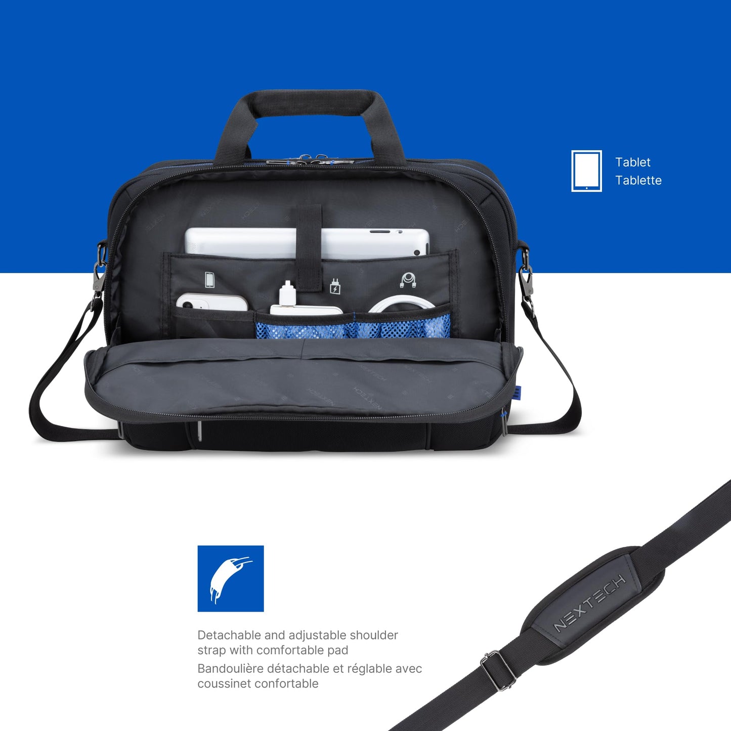 NEXTECH NXT003 Briefcase — 15.6" Laptop Bag With Computer or Tablet Compartment, Adjustable Shoulder Strap, Pass-Through Strap Luggage Sleeve And Many Zippered Pockets – Black