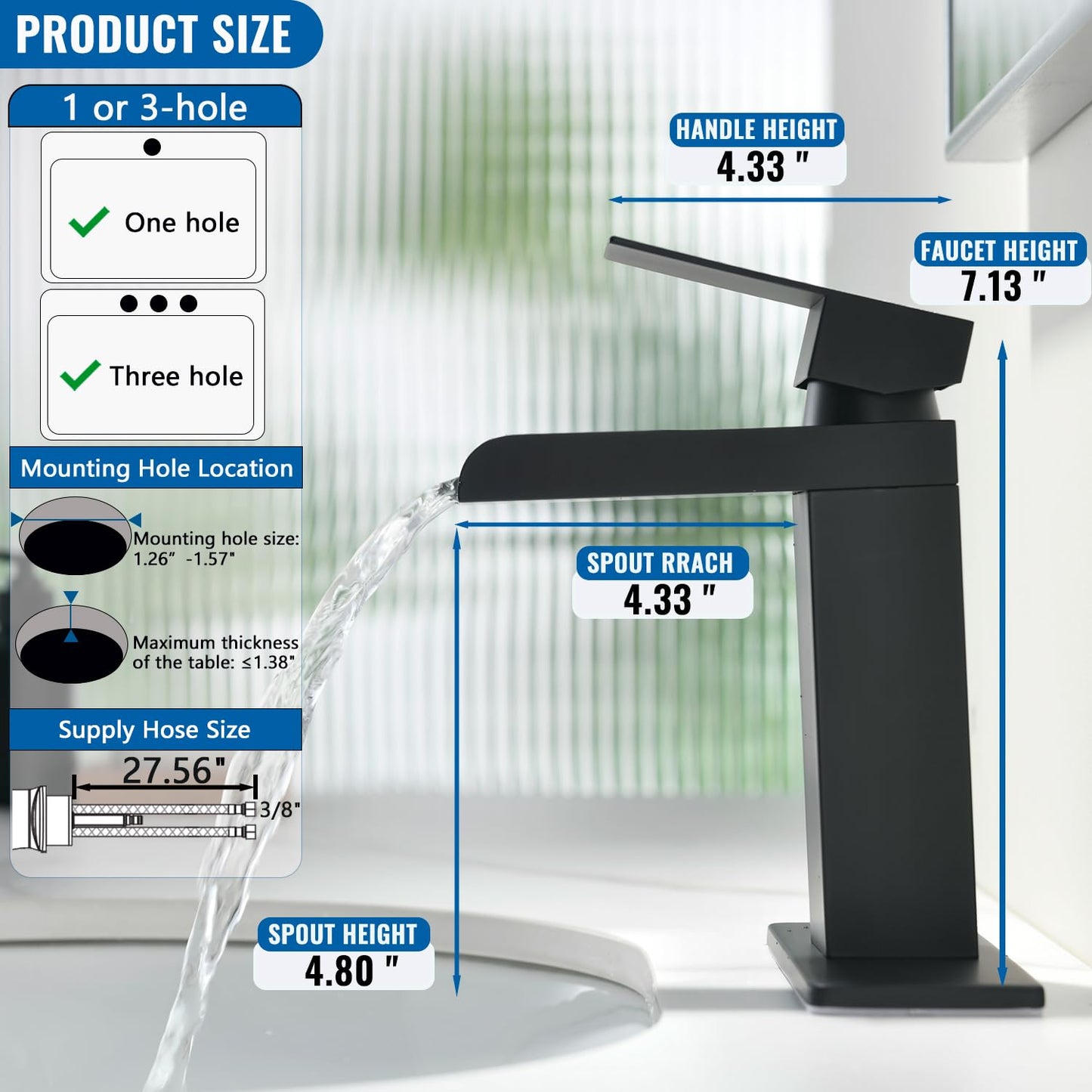 Matte Black Waterfall Bathroom Faucet, Single Handle Stainless Steel Bathroom Sink Faucet for 1 or 3 Hole, Rv Vanity Camper Farmhouse Lavatory Faucets with Pop-up Drain and Deck Plate, KMBF014B