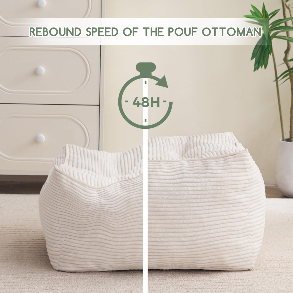 HIGOGOGO Square Stuffed Pouf Ottoman, Corduroy Poufs with Foam Chunk Filling, 21.5 X 21.5 Floor Poufs Foot Rest for Living Room,Beige