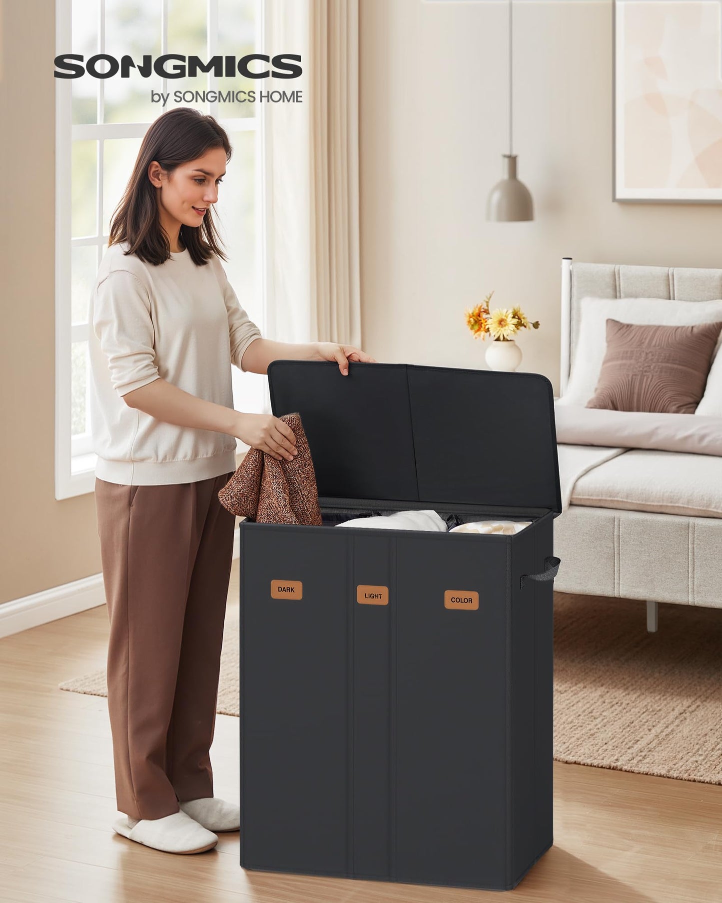 SONGMICS 42.2 Gallon (160 L) Laundry Hamper, 3-Compartment Laundry Basket Sorter with Lid, Labels, Removable Liner Bags, for Bedroom, Ink Black URLH013B01