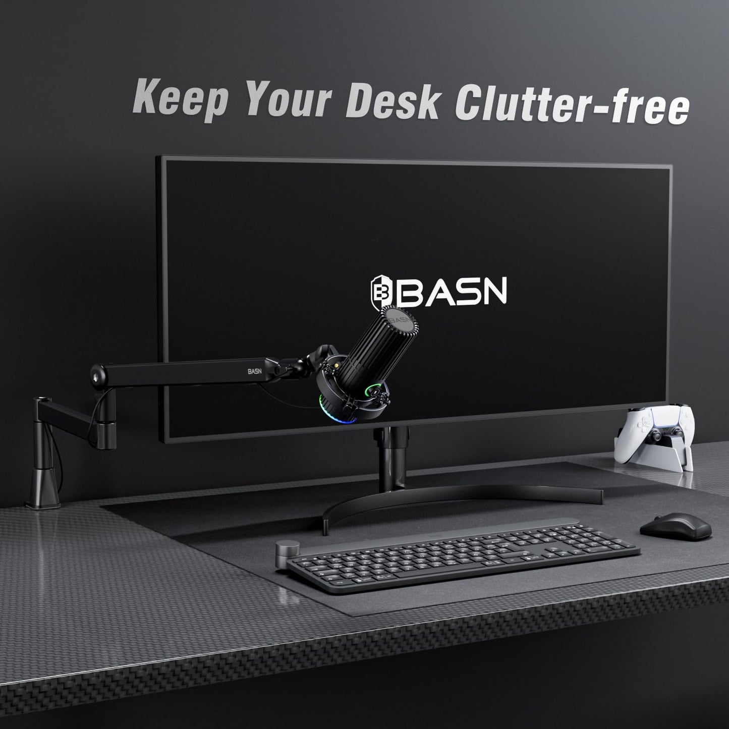 BASN Low Profile Mic Arm, Microphone Boom Arm Stand with Desk Clamp - Rotatable & Storable Design, Cable Management Channel, 3/8" to 5/8" Thread Adapter for Podcast, Gaming, Streaming, Vocal Recording