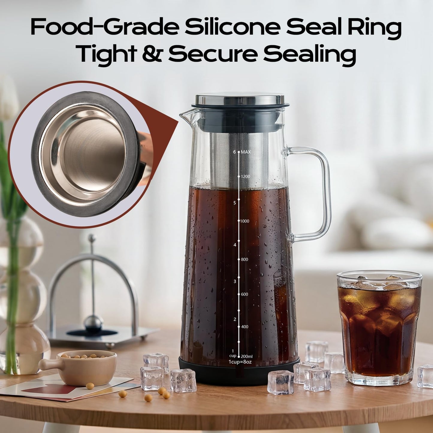 CARROTTIMES Cold Brew Coffee Maker 1.4L/48oz with Handle, Extended Stainless Steel Filter for Deep Extraction, Iced Tea Pitcher with Non-Slip Base Includes Cleaning Brush & Long Stirring Spoon