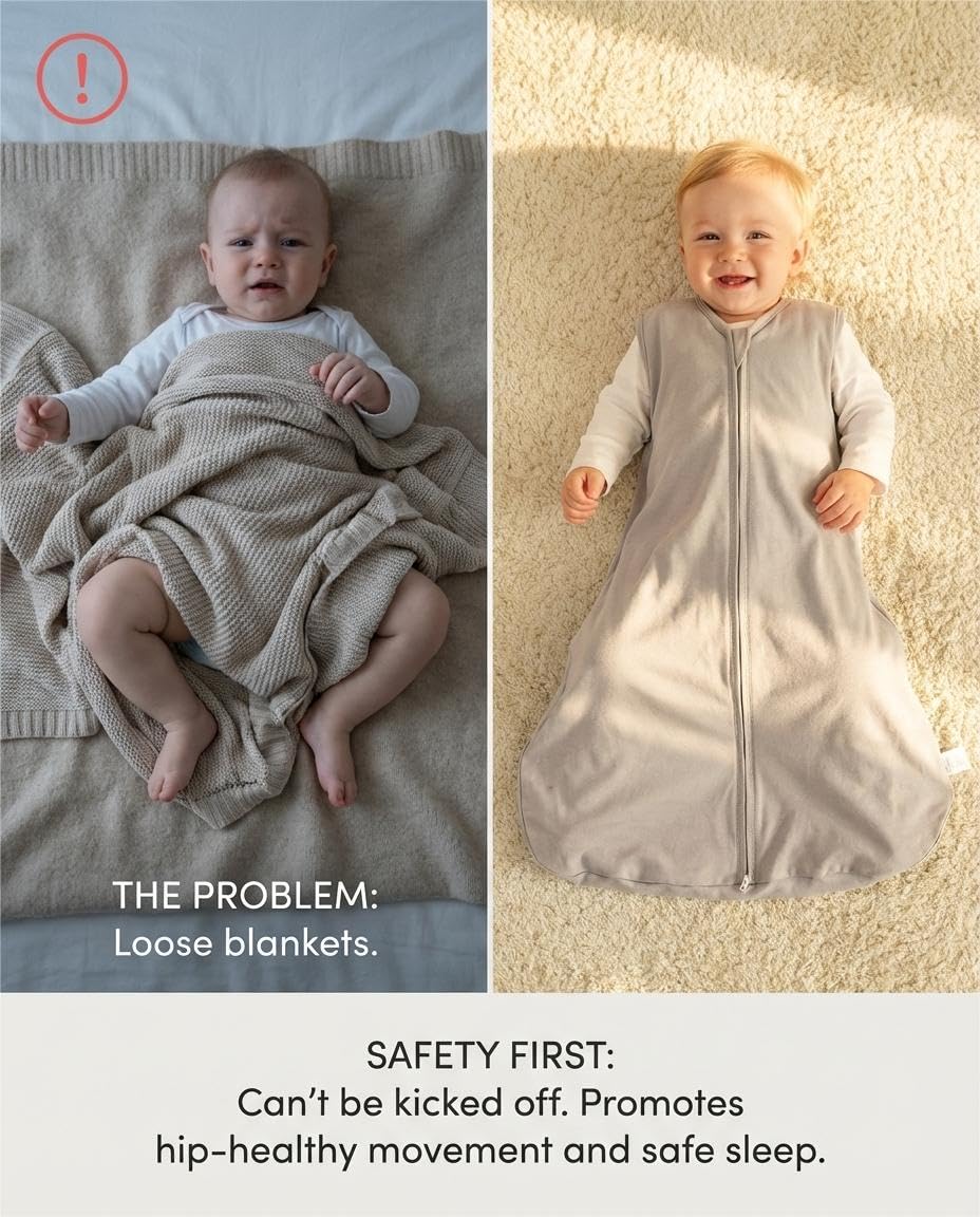 TURMEWU 3 Pack Baby Sleep Sack 6-12 Months 100% Organic Cotton, 0.5 TOG Lightweight Wearable Blanket, 2-Way Zipper Sleeping Bag, Cotton&Fawn&Grey
