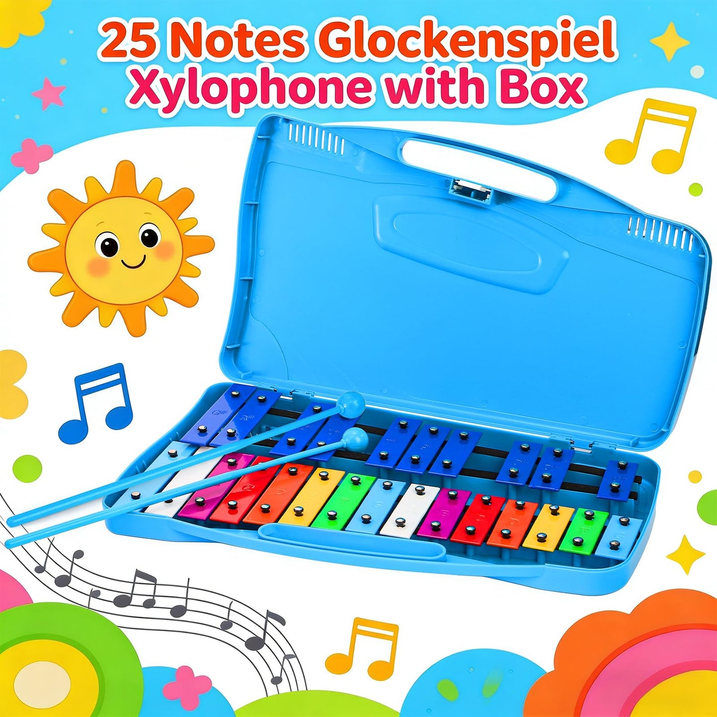 Foraineam Xylophone, 25 Notes Colorful Metal Keys Glockenspiel Xylophone, Percussion Musical Instrument with Carry Case and 2 Safe Mallets for Beginners