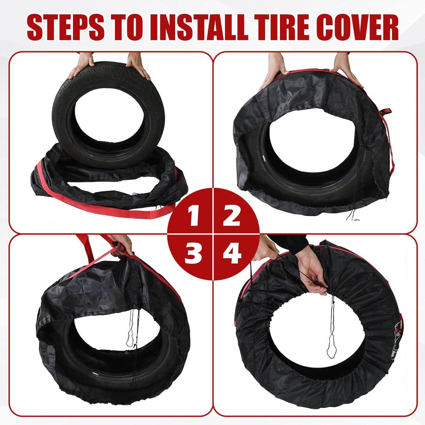 4PCS Tire Cover, Heavy Duty Outdoor Waterproof Dustproof Tire Wheel Protector for Trailer Tire Totes, Polyester Wheel Tires Storage Bags, Wheel Covers Fit for 19"-23" Tyres (Diameter 80cm)-Black/Red